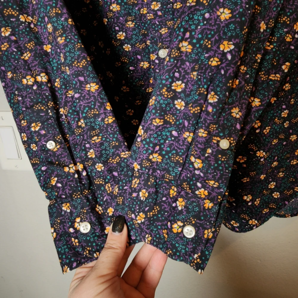 J. Crew Secret Wash Cotton Poplin Long Sleeve Button Shirt Yellow Green Floral M